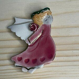 Vintage Handpainted Ceramic Angel Brooch Pink Heart Gold Trim Coquette Core